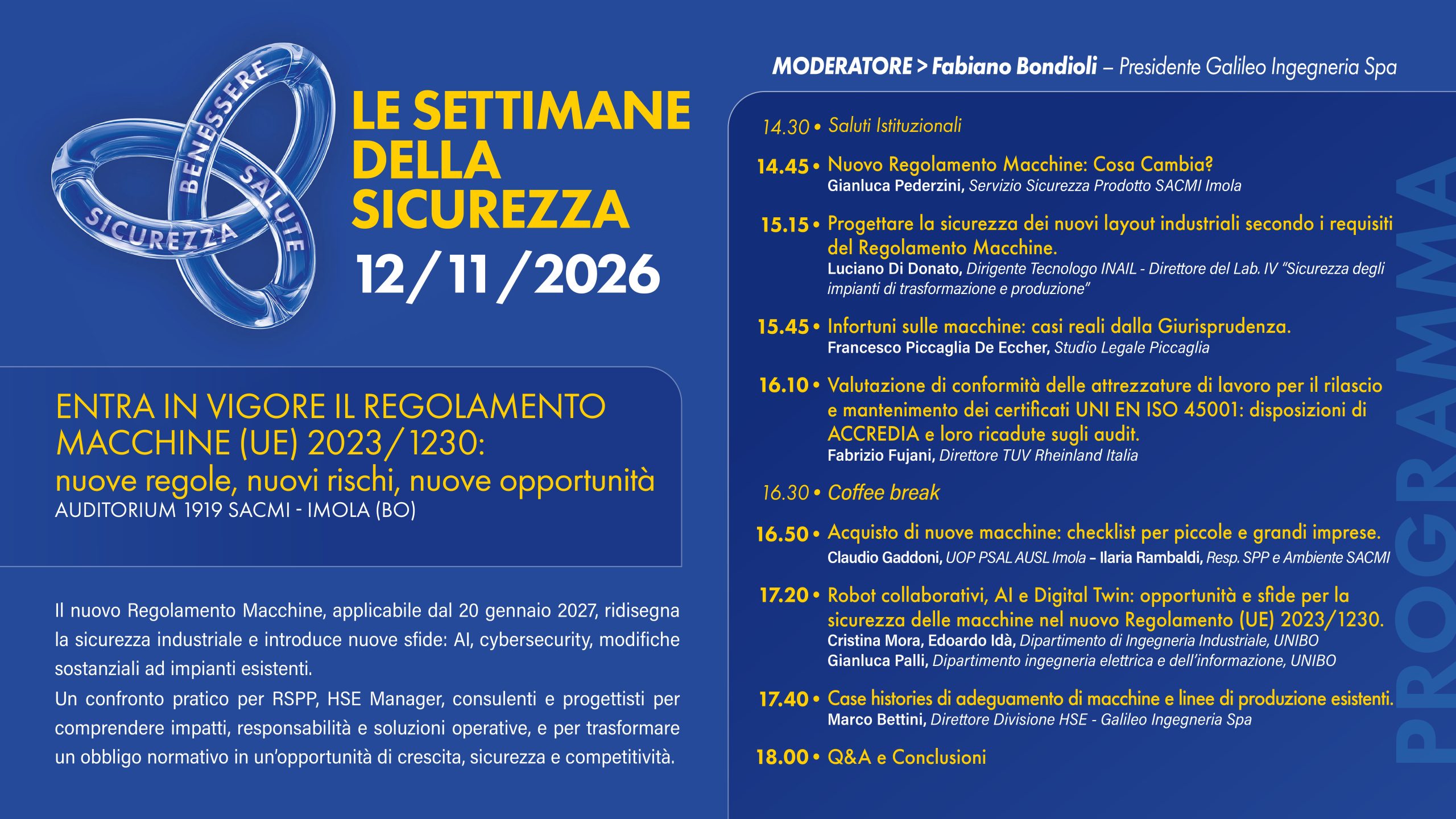 Settimane della sicurezza 2026: Galileo al convegno sul nuovo Regolamento Macchine – 12.11.2026